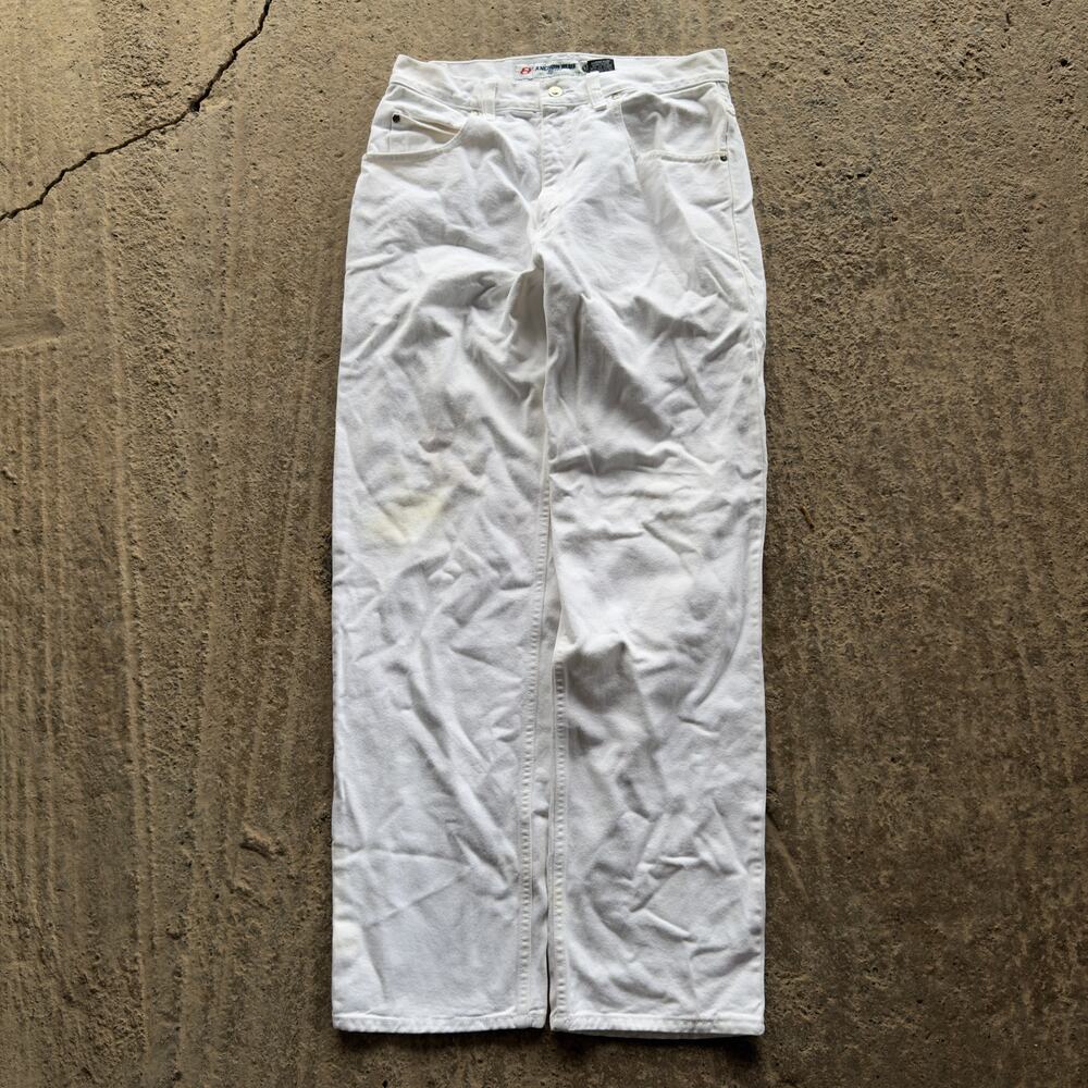 VTG 90S Y2K ANCHOR BLUE BAGGY WHITE JEANS SKATER WIDE LEG FTIS MENS 32X32 STAIN - Picture 2 of 7
